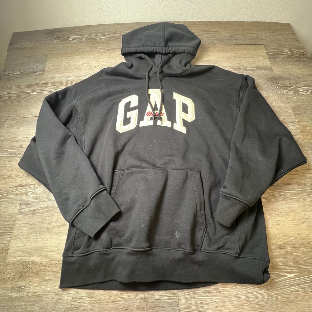 GAP Hoodie Mens Large Black Athletic Logo Pullover Fleece Sweatshirt